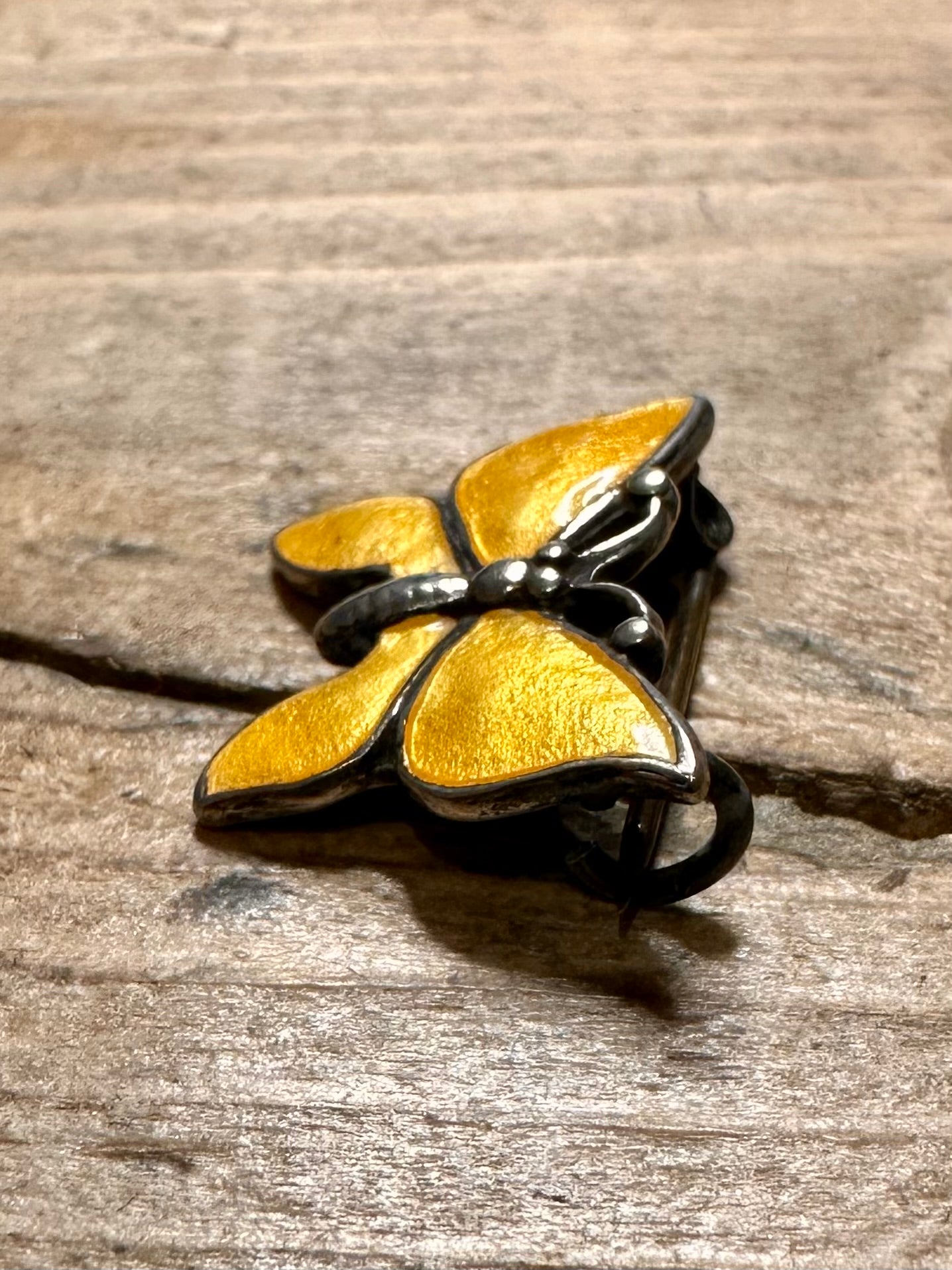 Vintage Yellow Enamel Butterfly 925 Silver Brooch