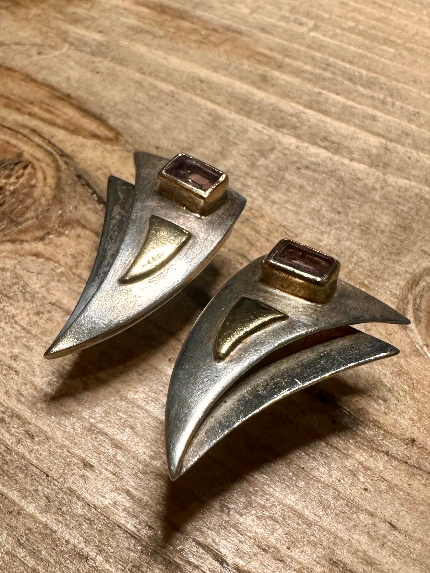 Abstract Amethyst Spike Shape Gold on 925 Silver Earrings