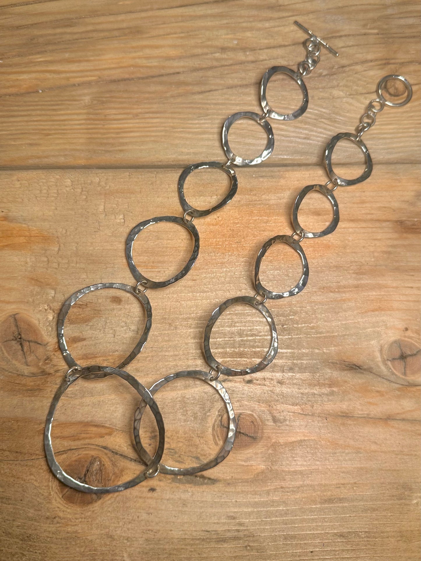 Abstract Hammered Circle Link 925 Silver 18 inch Necklace