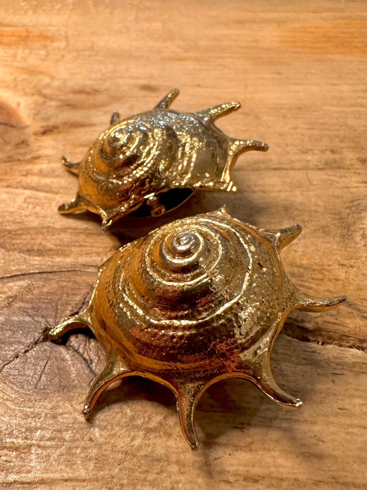 Vintage Large Shell Textured Gold Costume Earrings