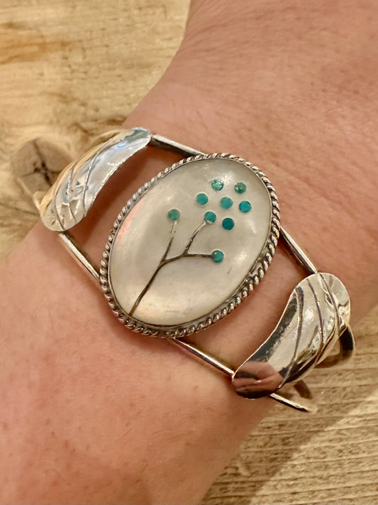 Vintage Navajo Zuni Mother of Pearl Turquoise Inlay 925 Silver Cuff Bangle