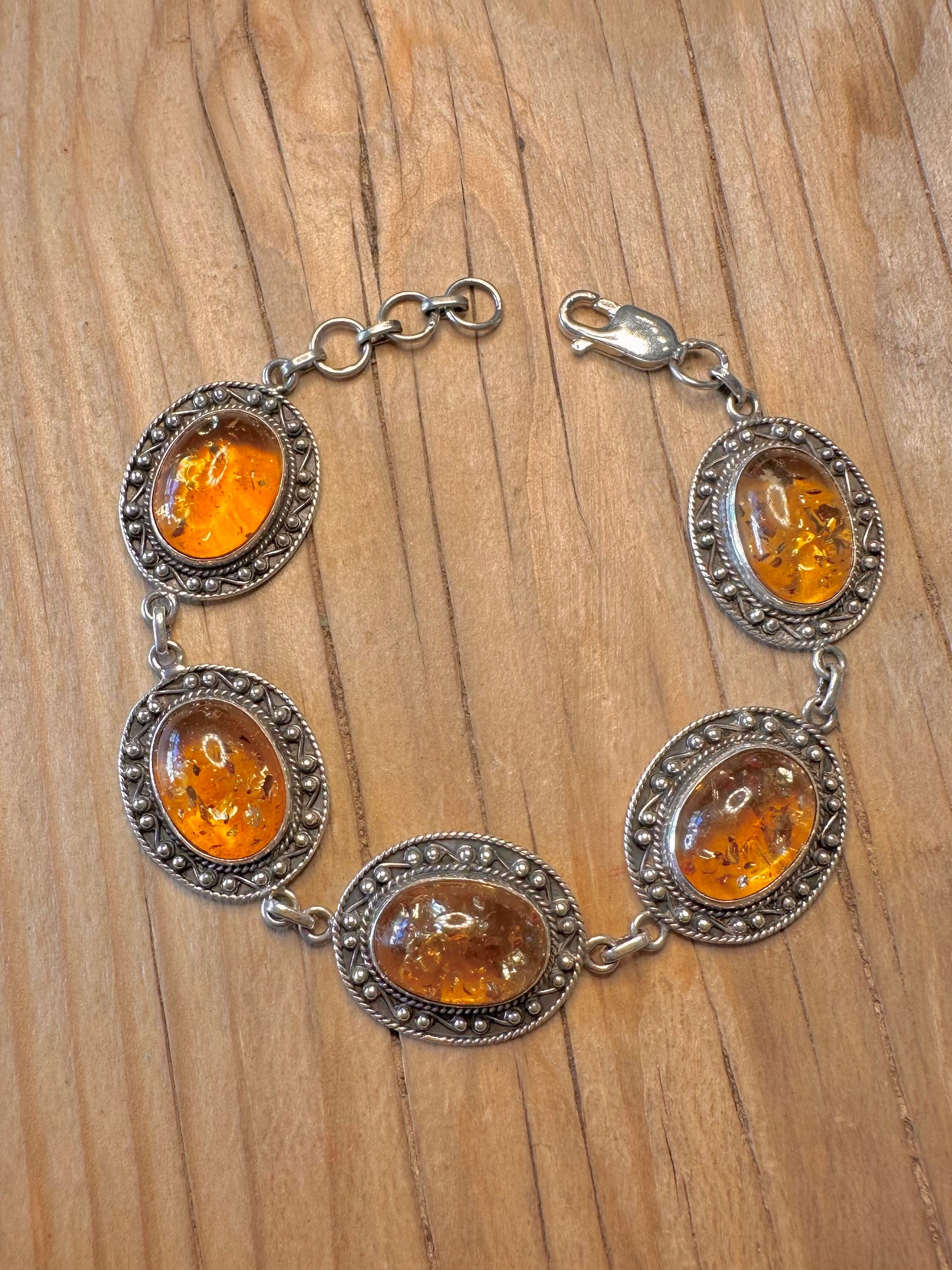 Vintage Ornate Amber Style 925 Silver 7 to 7.8 inch Bracelet