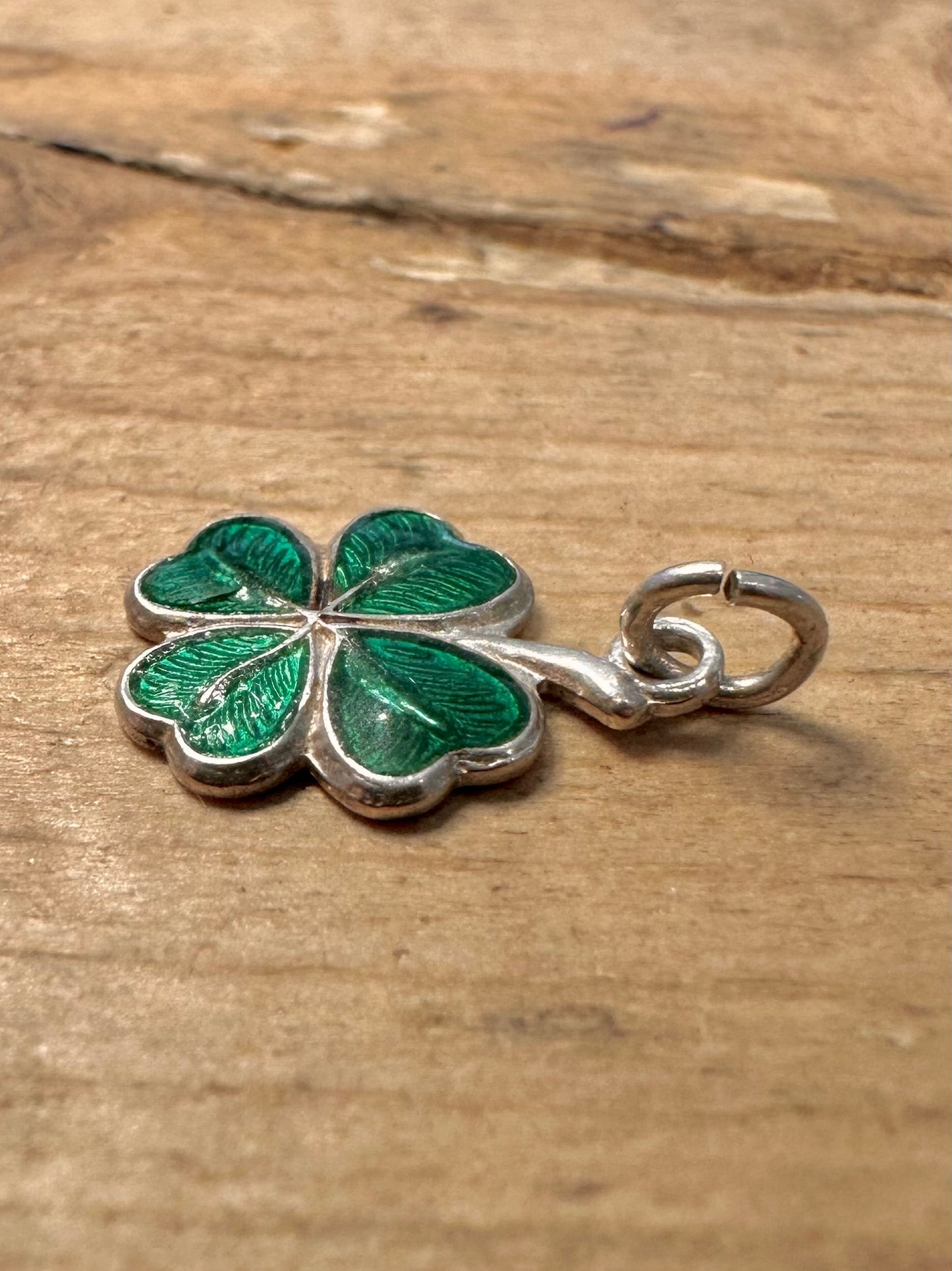 Vintage Green Enamel Four Leaf Clover 925 Silver Pendant