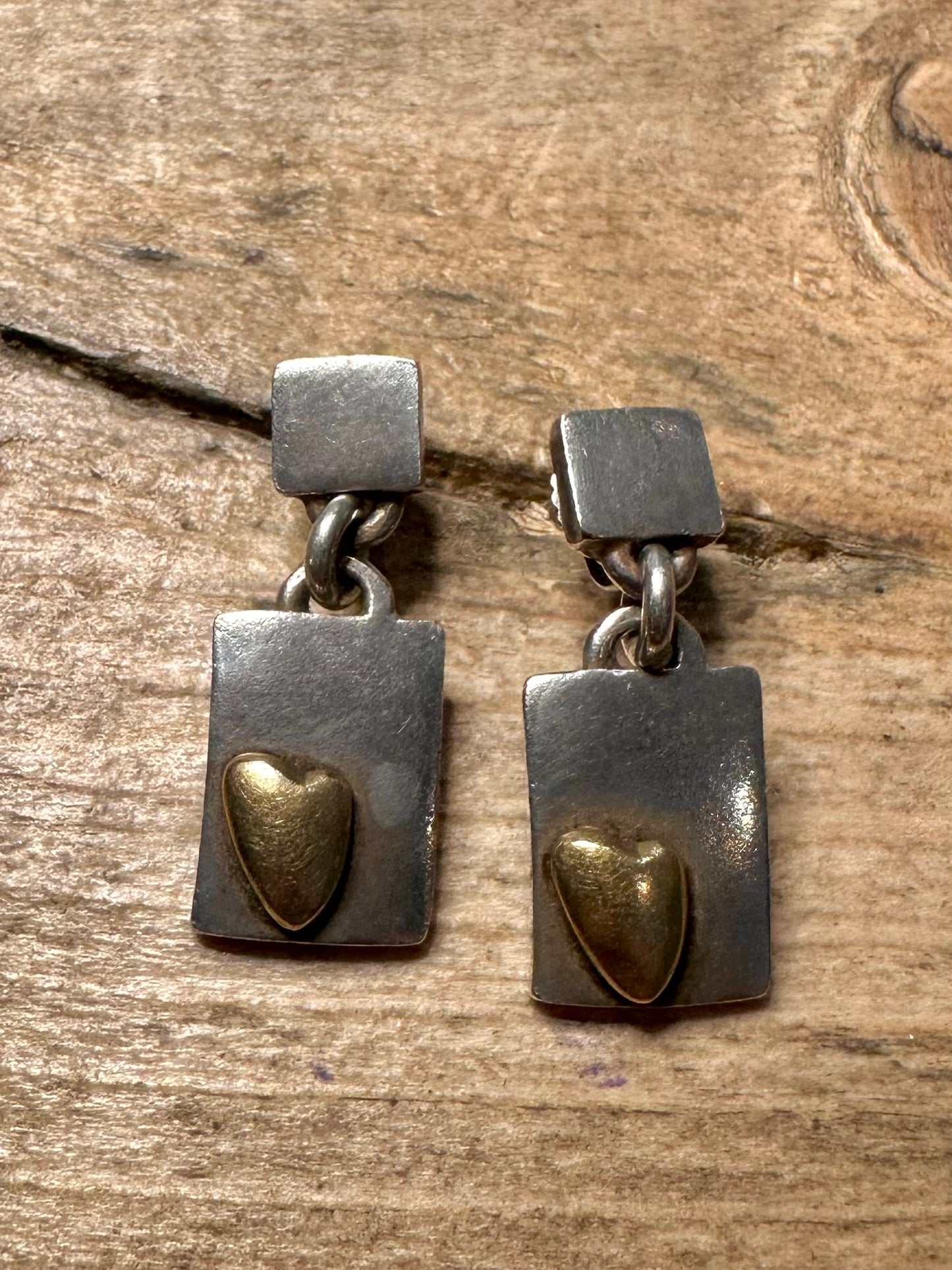 Abstract Square Heart Gold 925 Silver Earrings