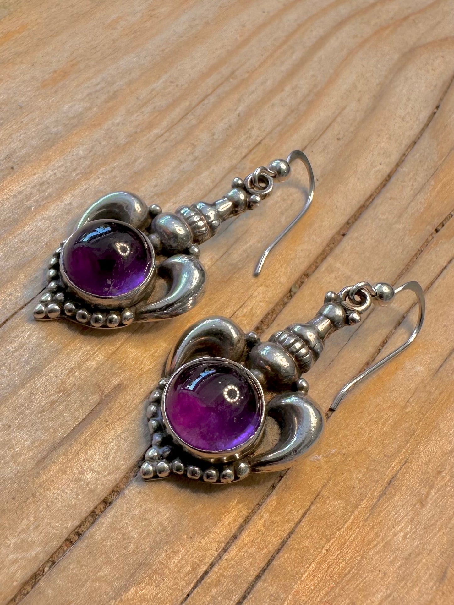 Vintage Ornate Amethyst Dangle 925 Silver Earrings