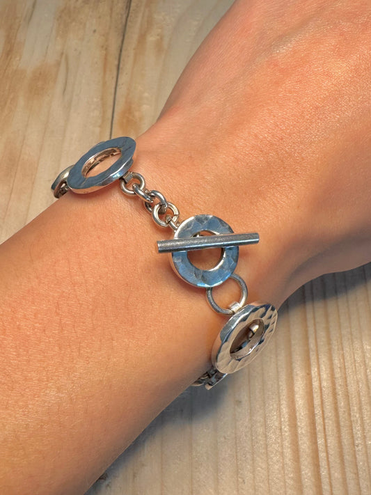 Hammered Circle Link T Bar 925 Sterling Silver 7.4 inch Bracelet