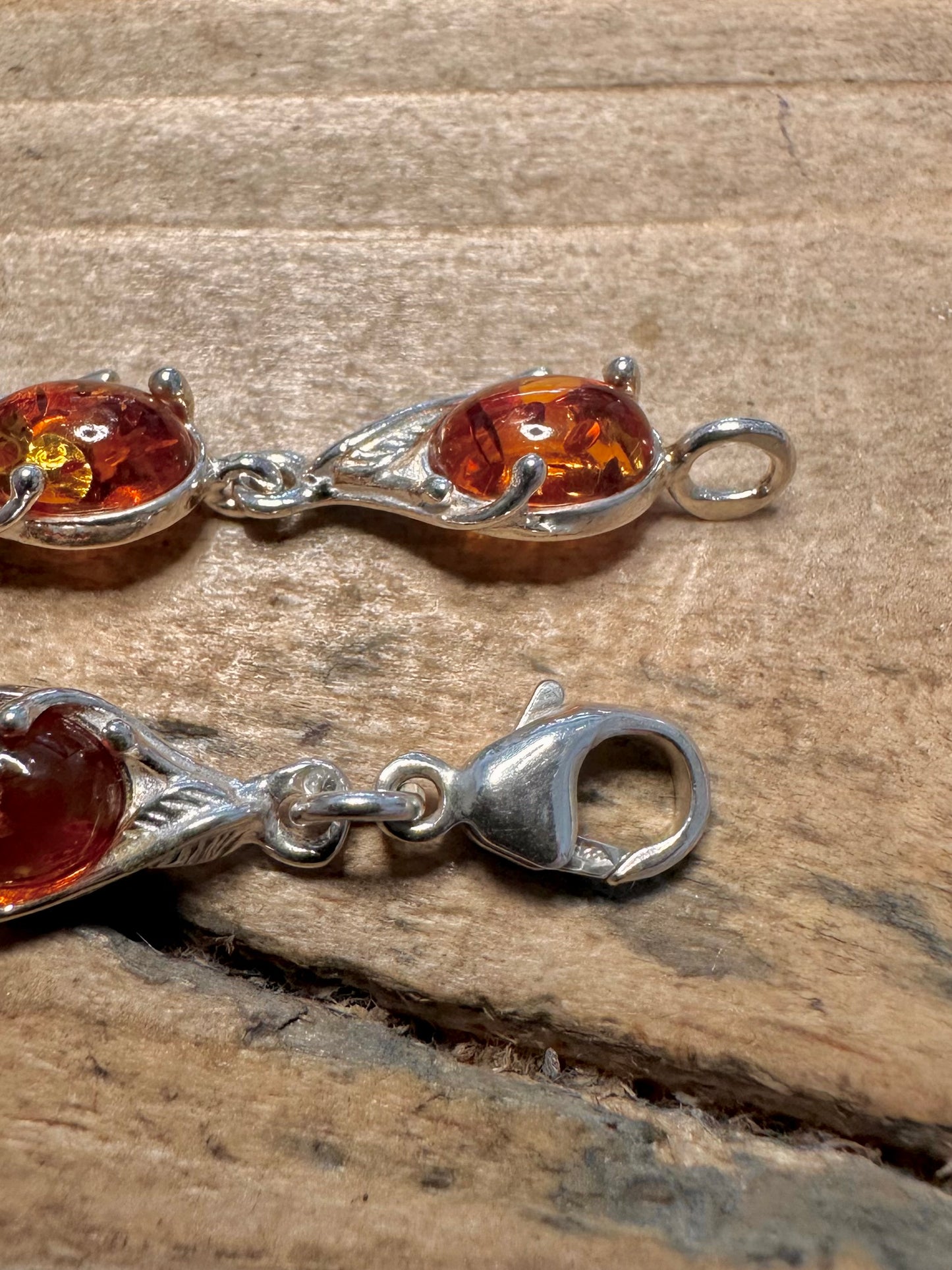 Vintage Unique Amber Link 925 Silver 7 inch Bracelet