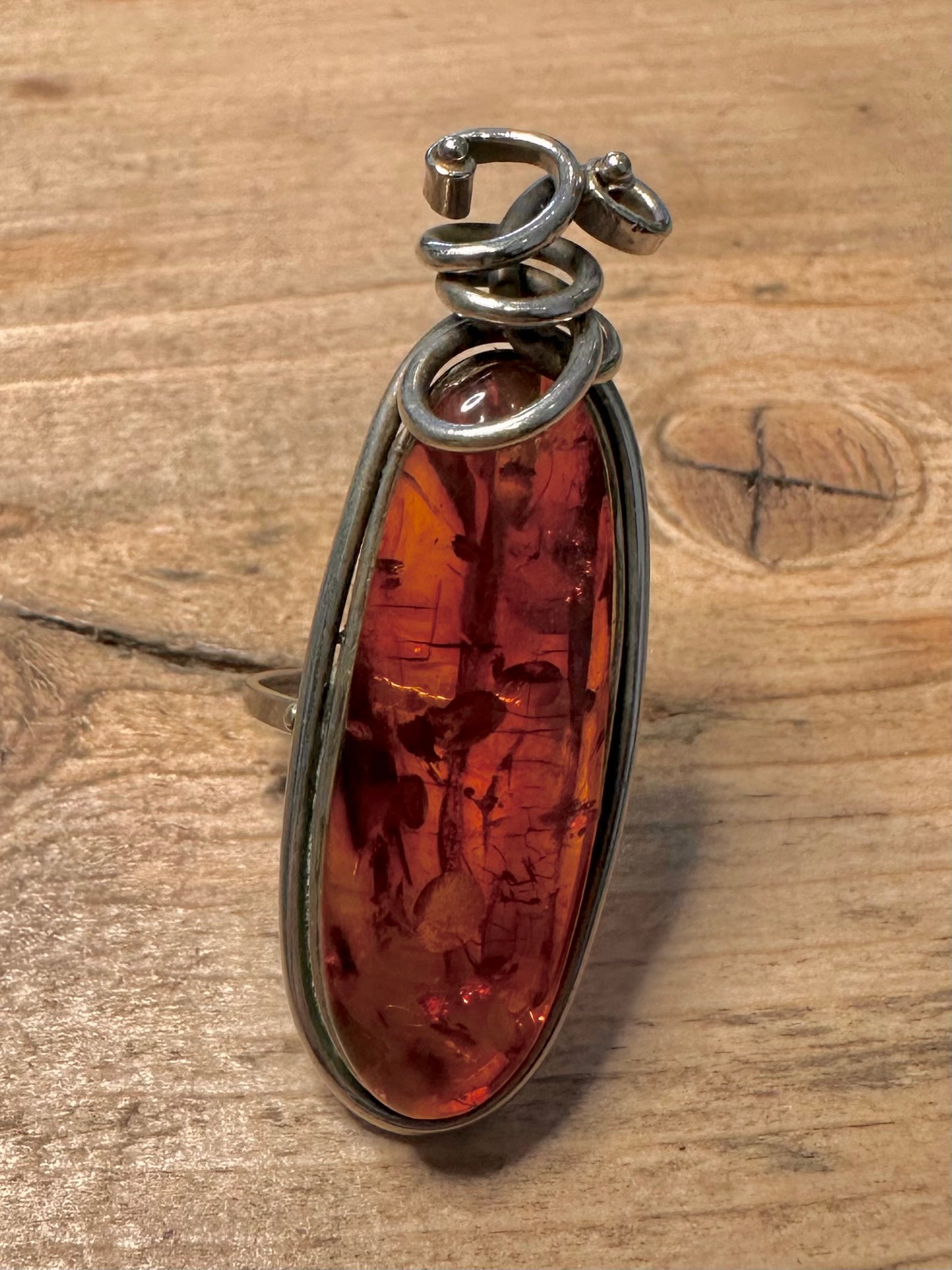 Vintage Elongated Abstract Amber 925 Silver Size U1/2 Ring