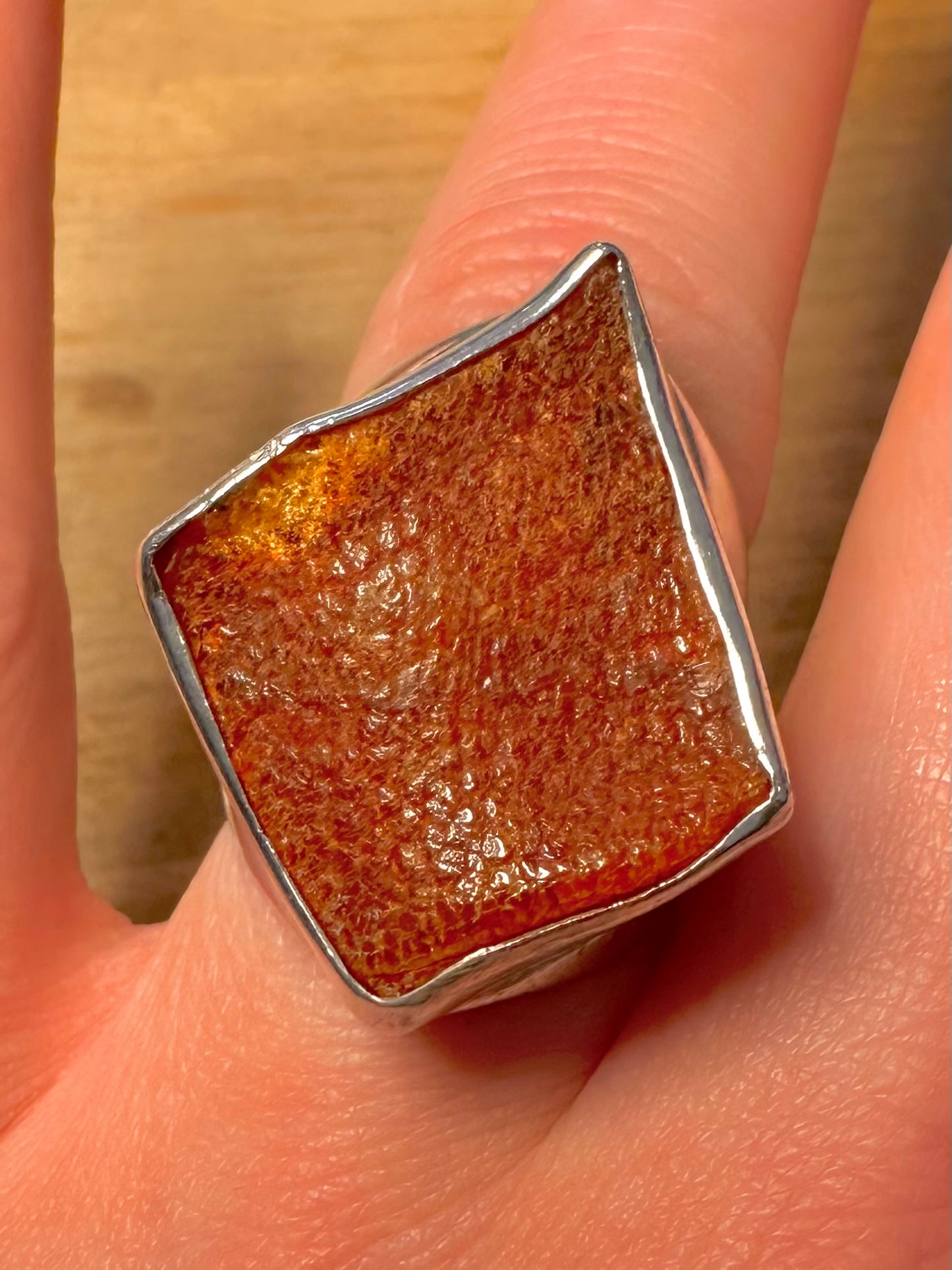 Modern 2004 Chunky Raw Amber 925 Silver Hallmarked Size P Ring