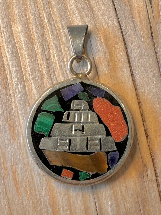 Vintage Aztec Multi Gemstone Calendar 925 Silver Pendant