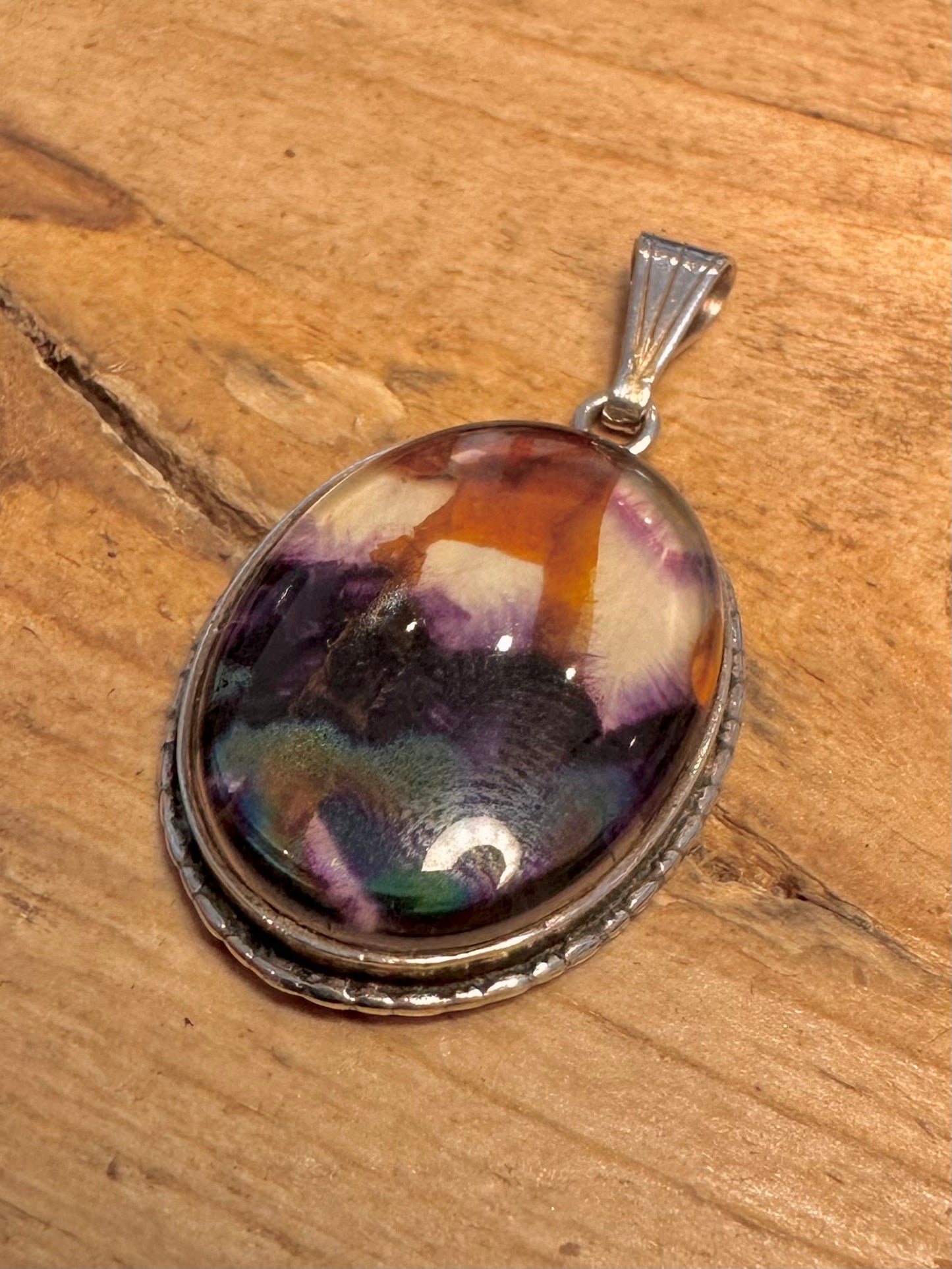 Vintage Fluorite Oval 925 Silver Pendant