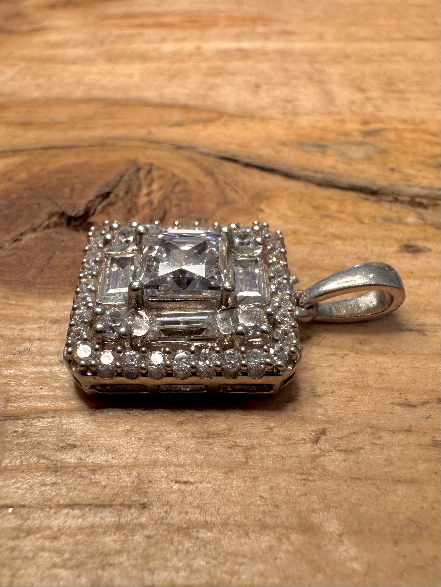 Modern White CZ Square 925 Silver Pendant