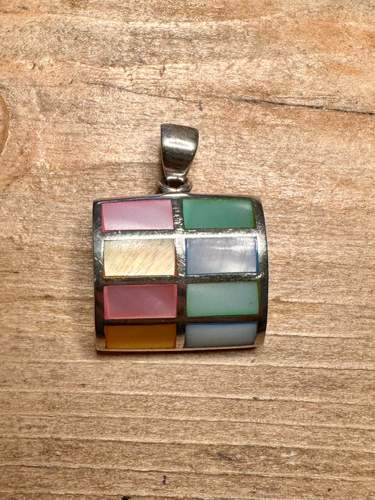 Modernist Multi Coloured Mother of Pearl Curved Square 925 Silver Pendant