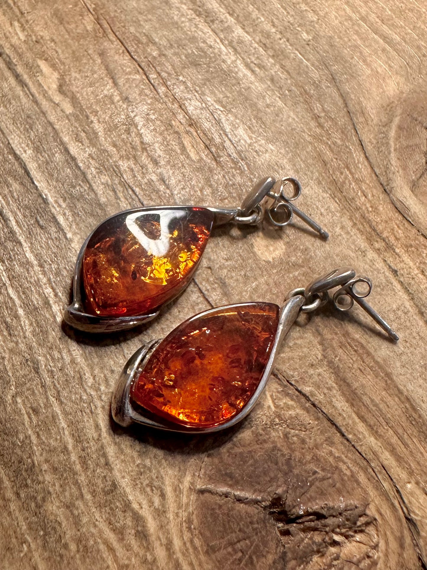 Vintage Amber Dangle 925 Silver Earrings