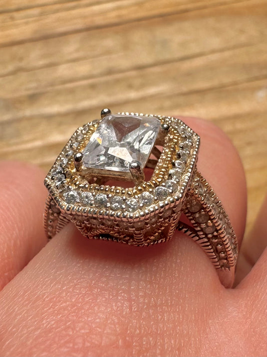Vintage CZ Square Cocktail 925 Sterling Silver Size P1/2 Ring