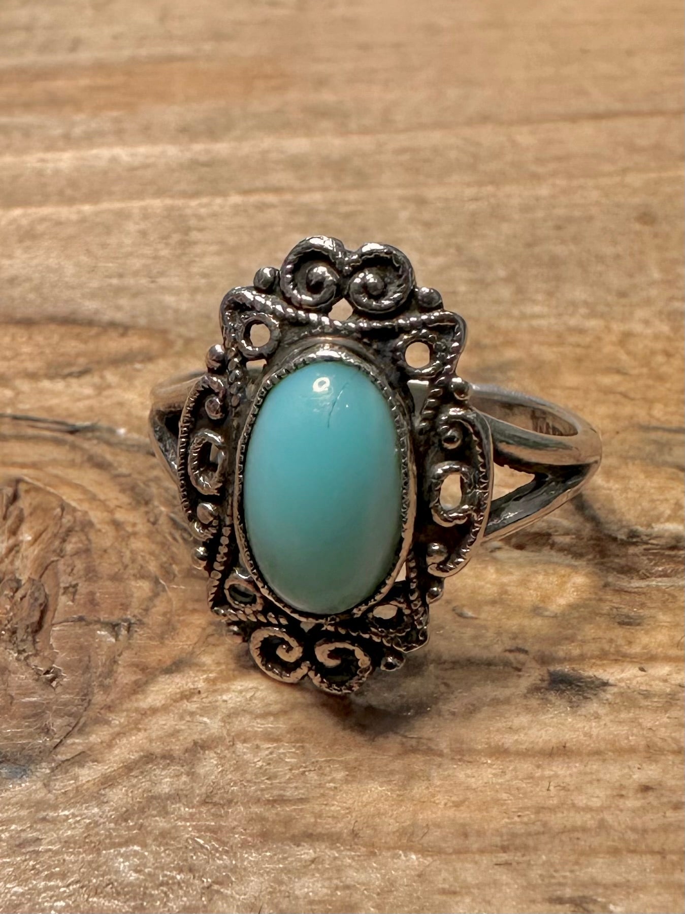 Vintage Ornate Blue Stone 925 Silver Size L Ring