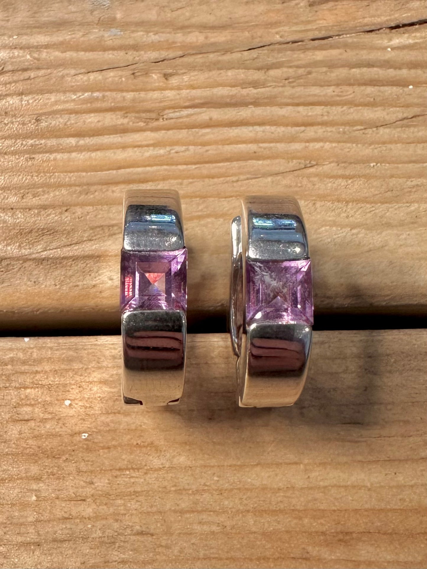 Modern Chunky Purple Stone 925 Silver Hoop Earrings