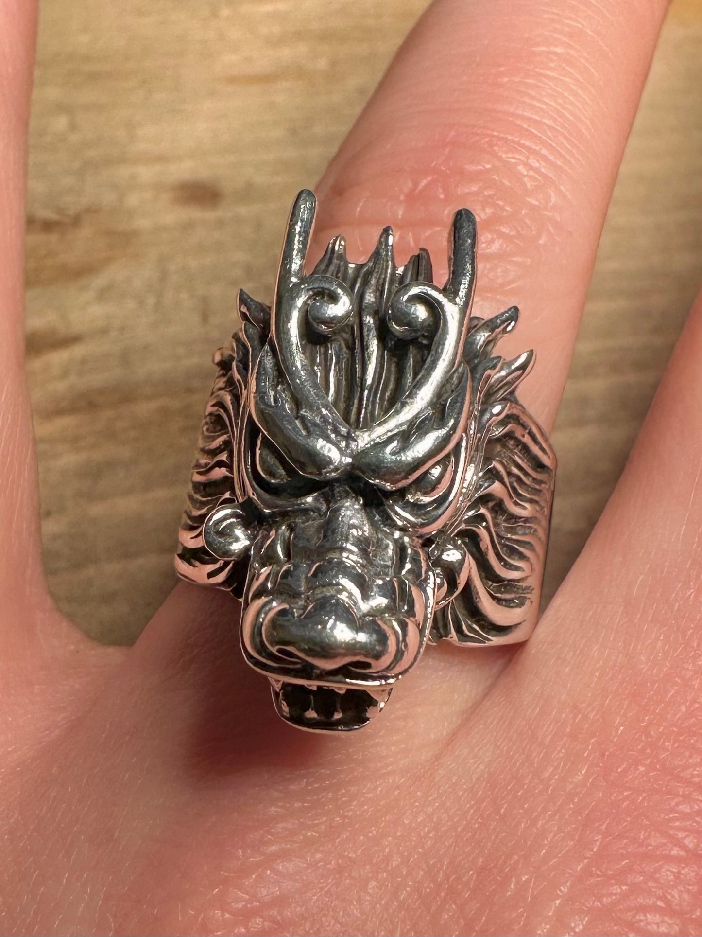 Vintage Chunky Dragon Head 925 Silver Size S1/2 Ring