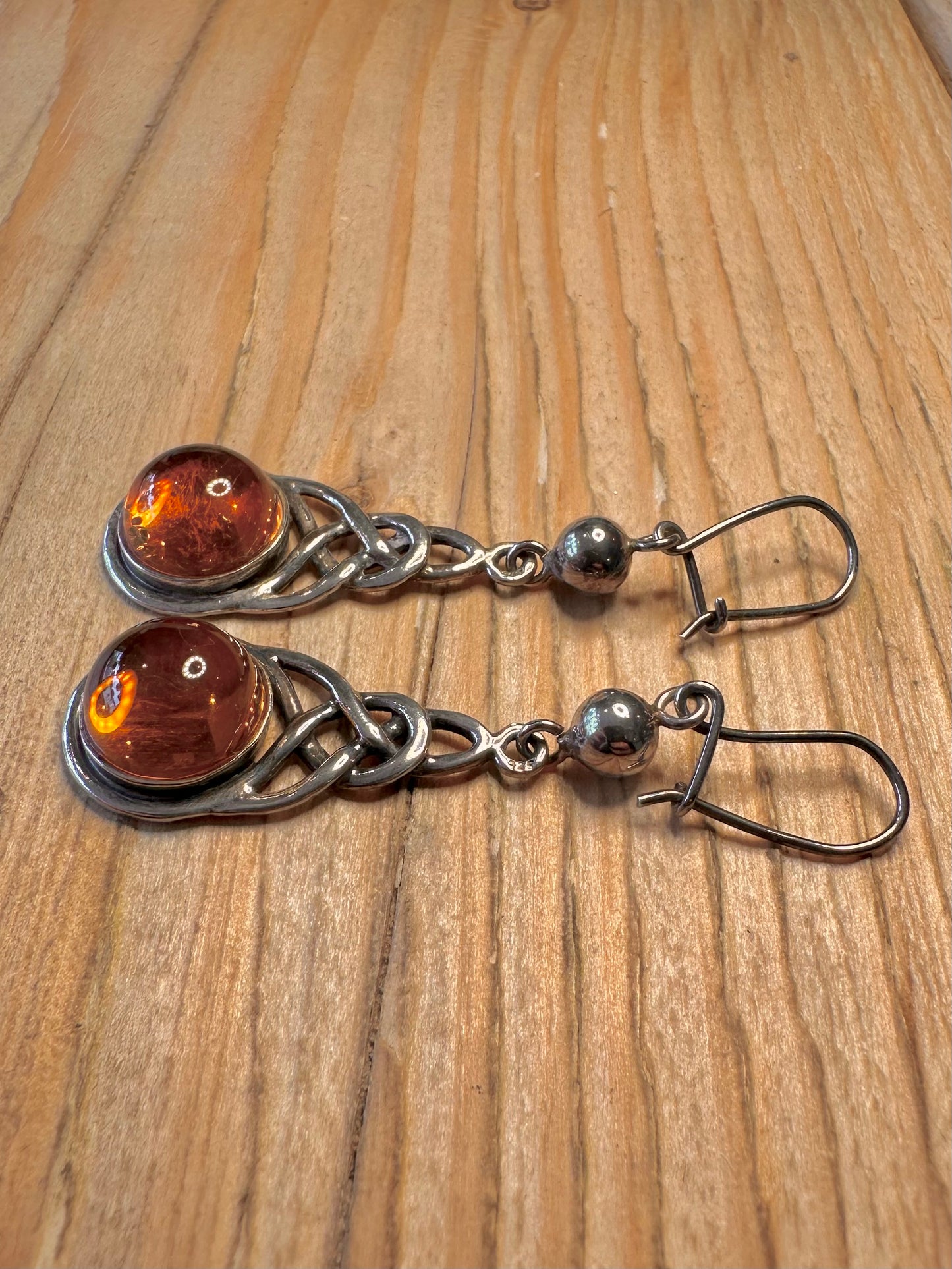 Vintage Amber Celtic Dangle 925 Sterling Silver Earrings