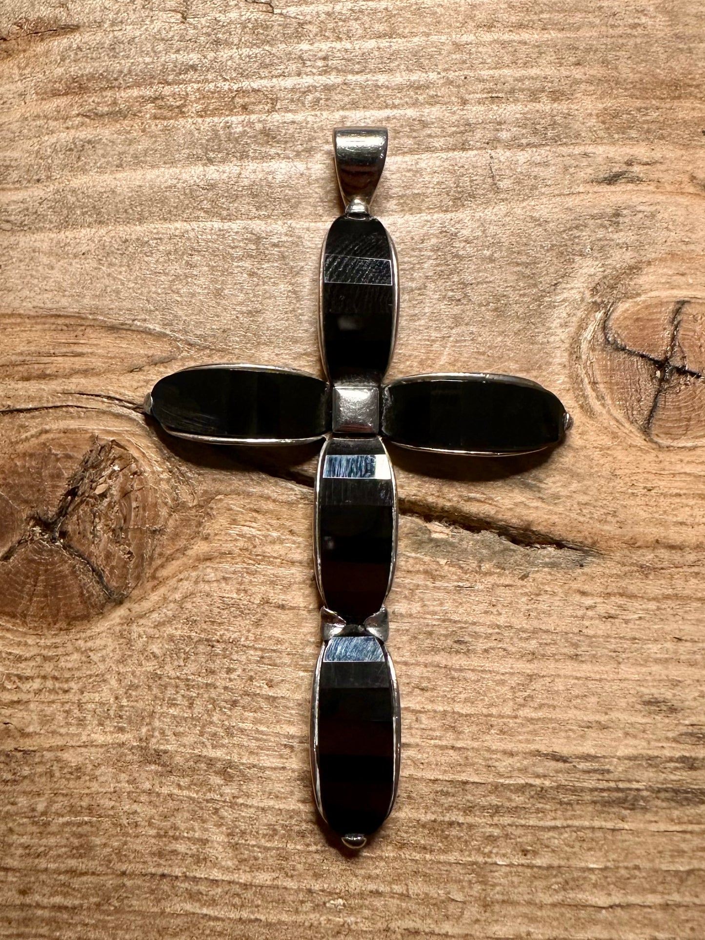 Modern Black Stone Cross 925 Silver Pendant