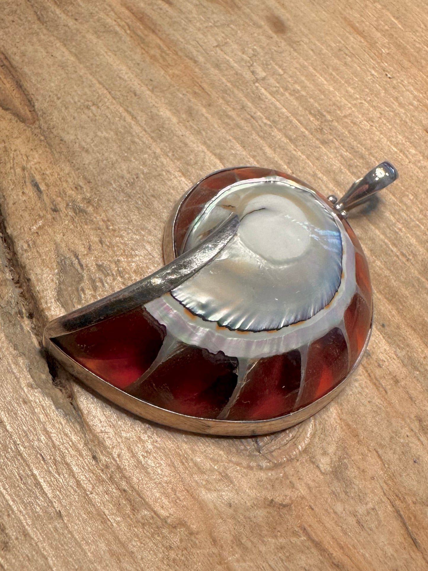 Abstract Large Red Nautilus Shell 925 Silver Pendant
