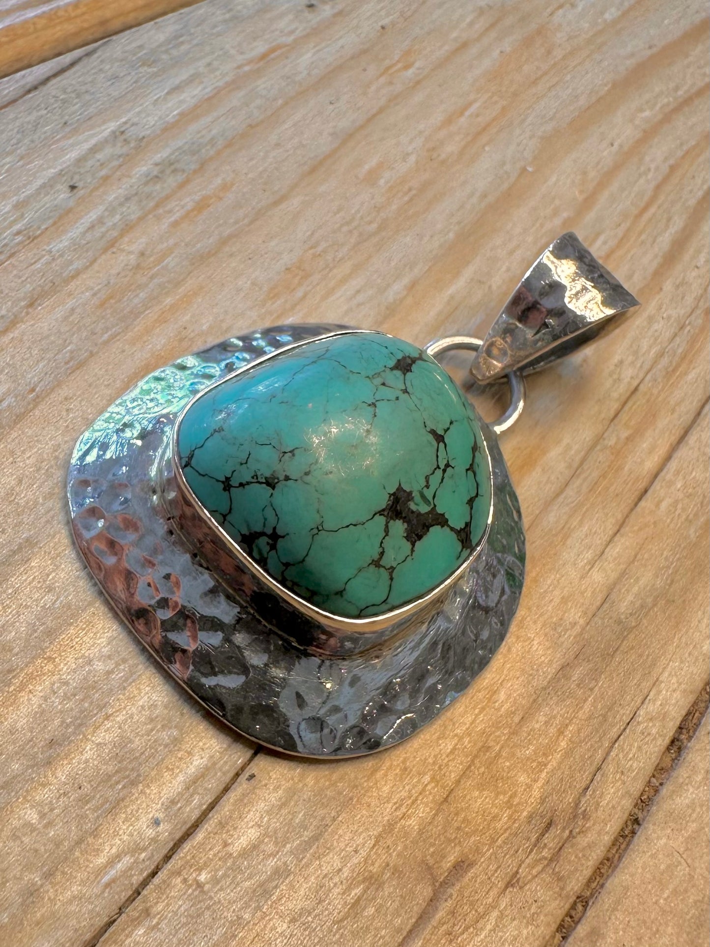 Abstract Hammered Turquoise 925 Silver Pendant