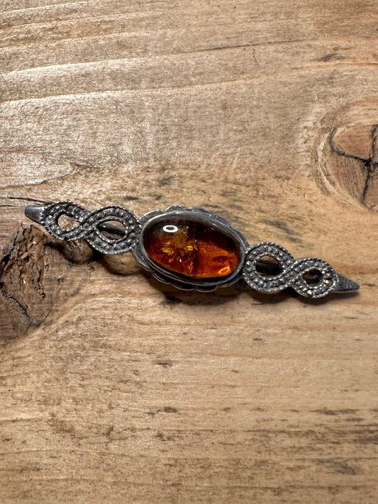 Vintage Amber 925 Silver Brooch