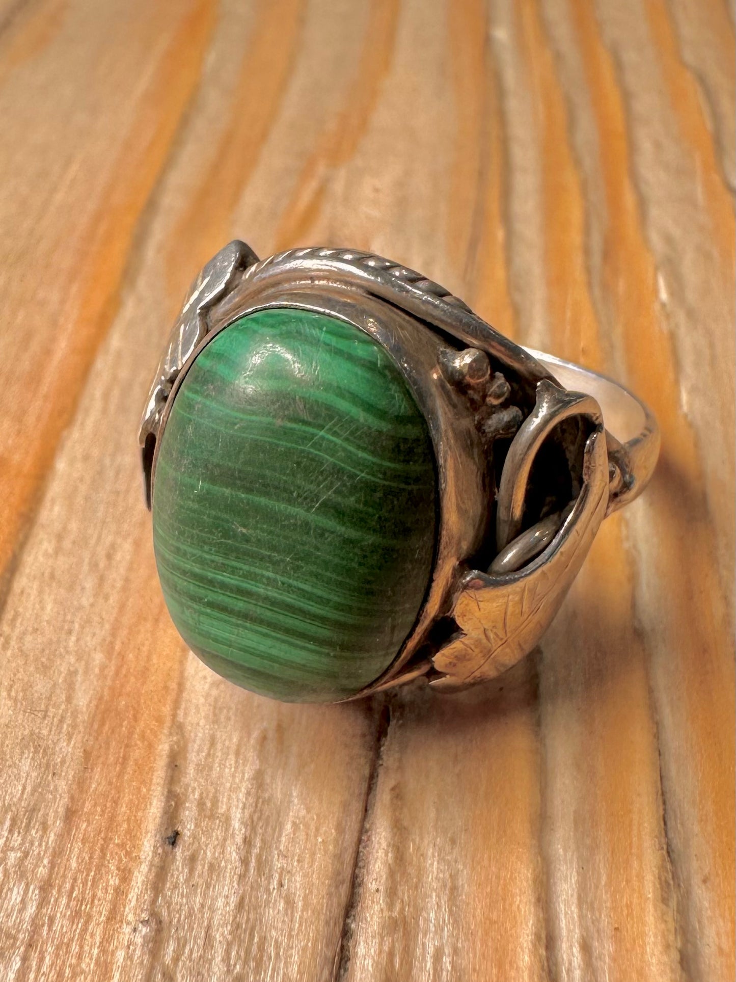 Vintage Navajo Malachite 925 Sterling Silver Size P Ring