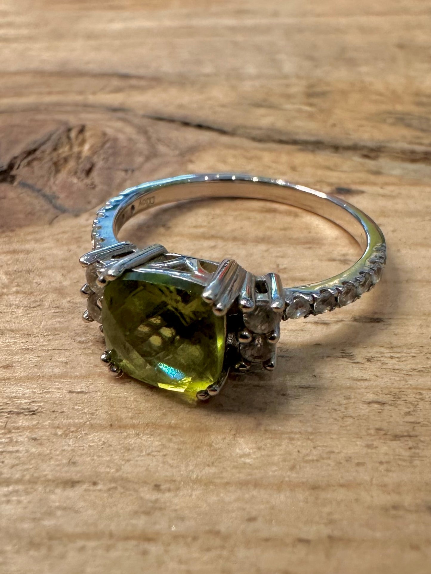 Modernist Peridot and CZ D’Joy 925 Silver Size N Ring