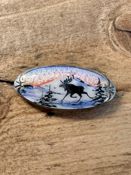 Vintage Norwegian Excellent Condition Enamel Moose 925 Silver Brooch