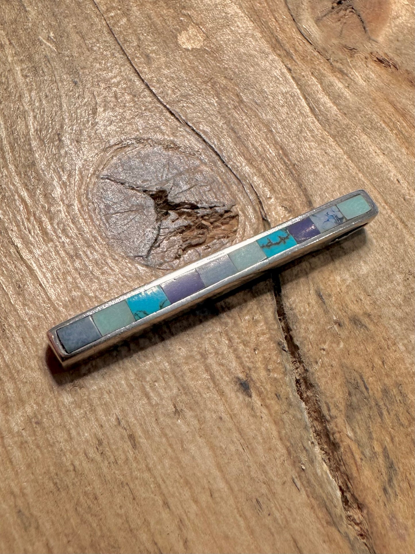 Modernist Turquoise Inlay Bar 925 Silver Pendant
