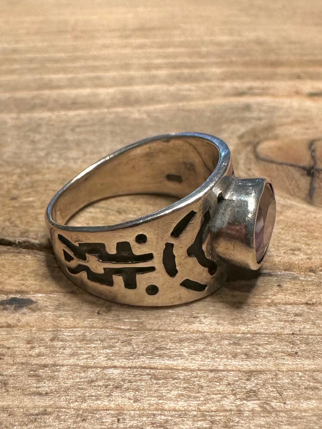 Vintage Amethyst Tribal 925 Silver Size N Ring