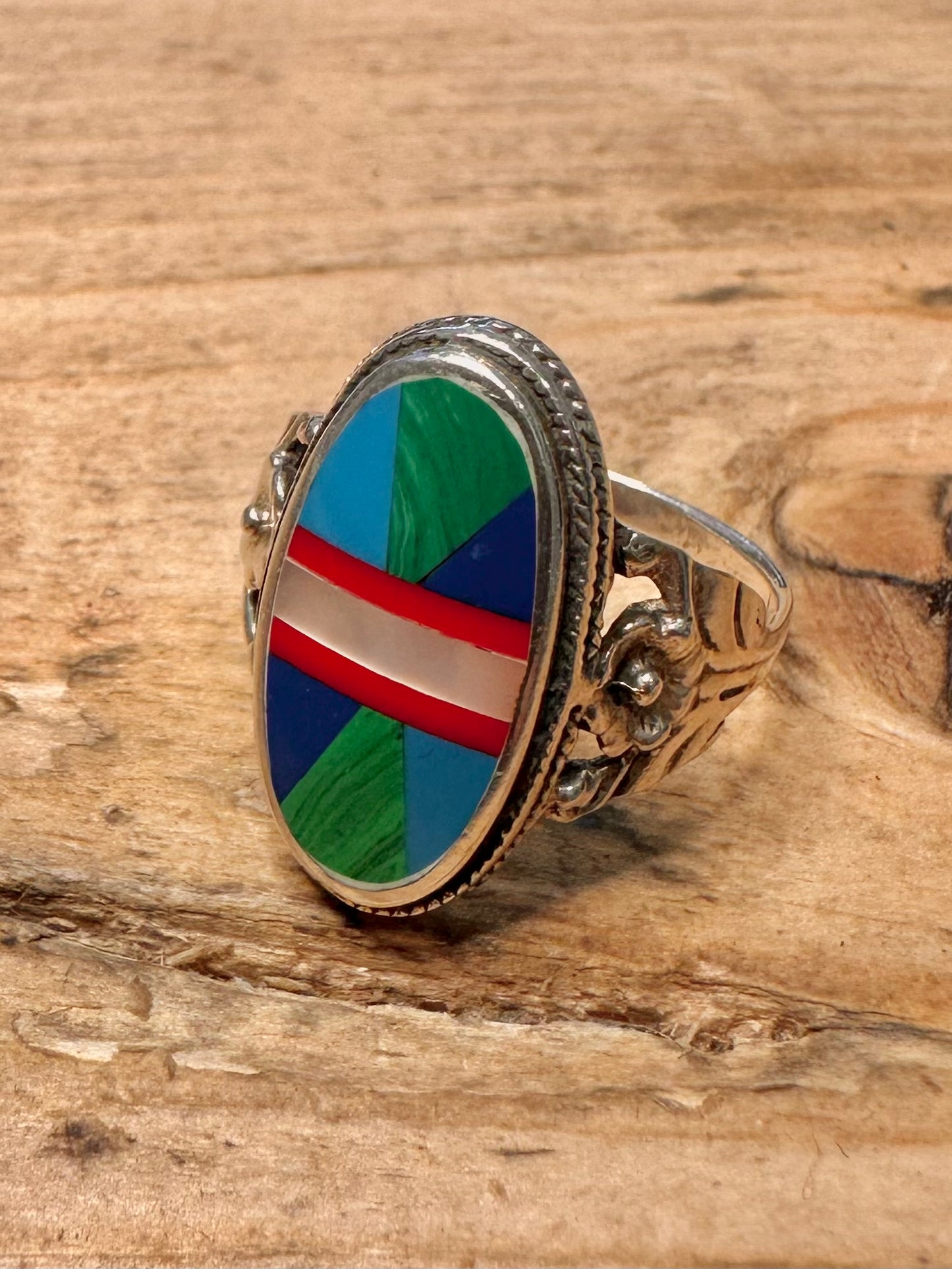 Vintage Mosaic Stones 925 Silver Size Q Ring
