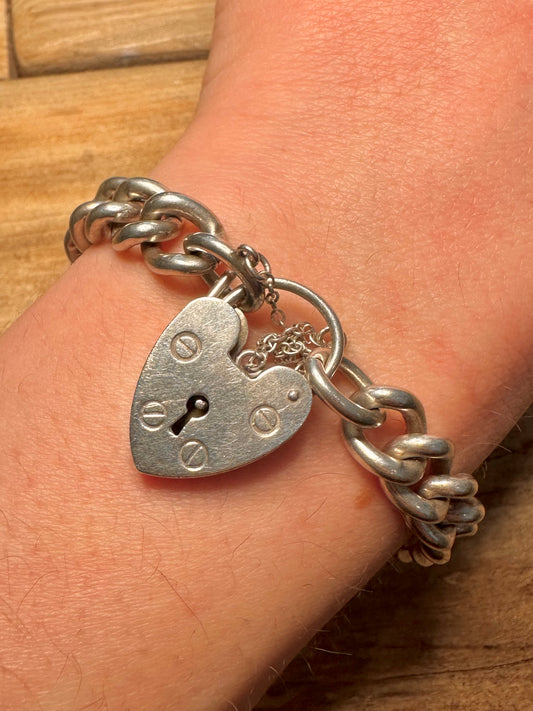 Vintage 1977 Chunky Curb Heart Padlock with Safety 925 Silver Bracelet
