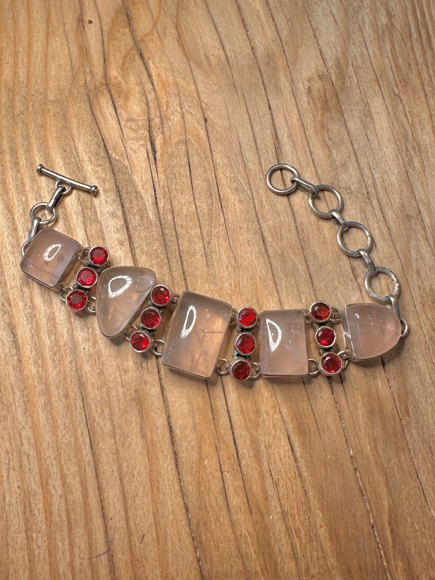 Vintage Rose Quarts and Red Stone 925 Sterling Silver 6 to 7.5 Bracelet