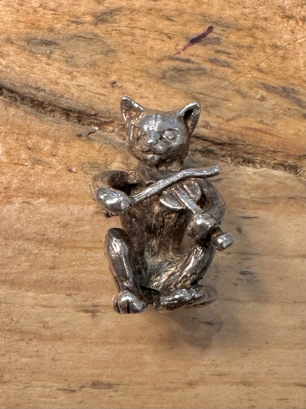 Vintage Cat Playing the Fiddle 925 Silver Pendant