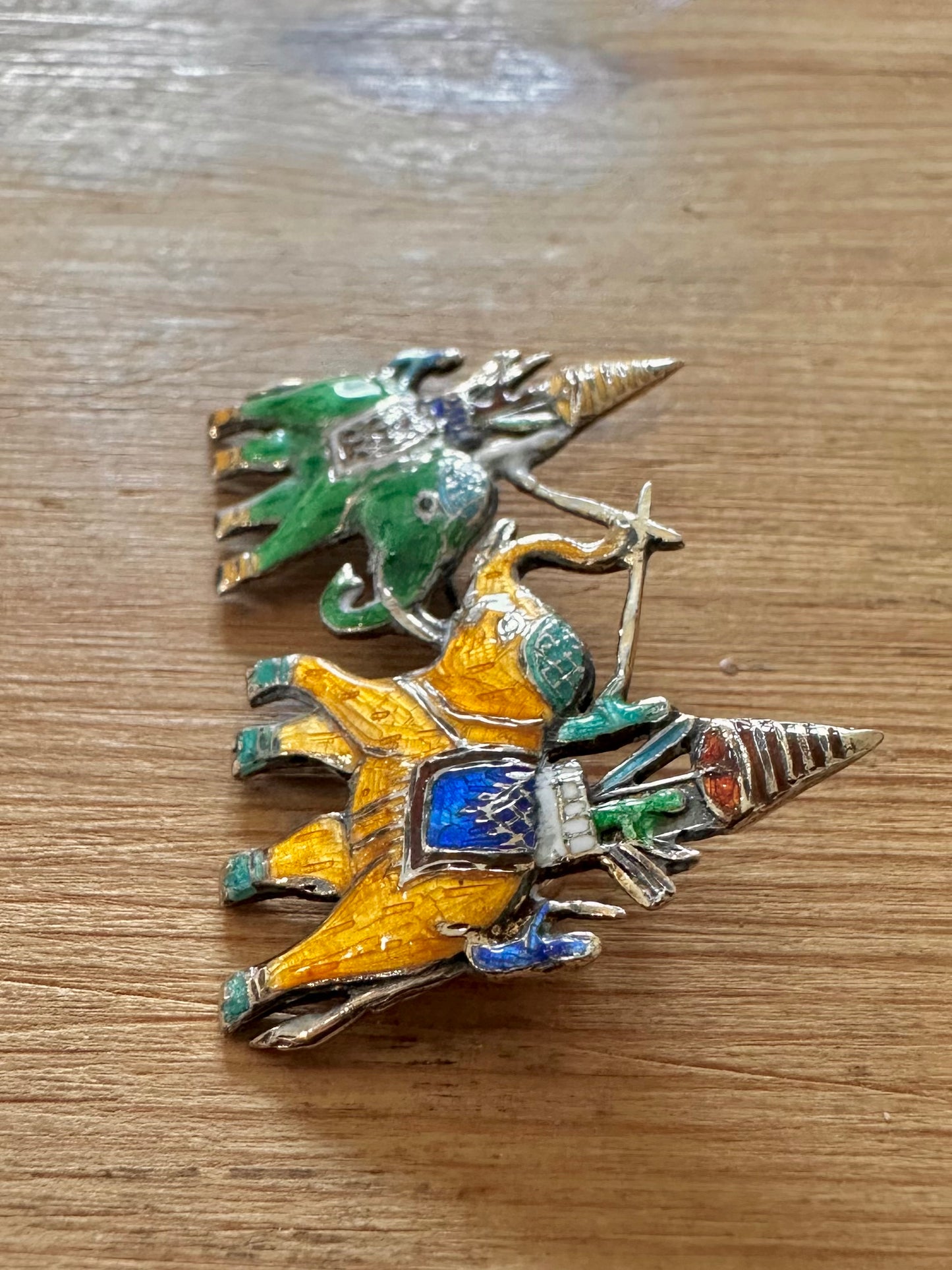 Vintage Siam Enamel Elephant Battle 925 Silver Brooch