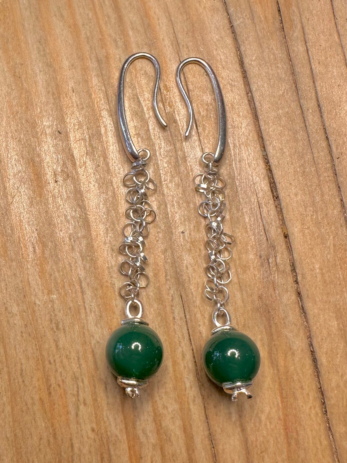Modern Green Ball Chain Link Dangle 925 Sterling Silver Earrings