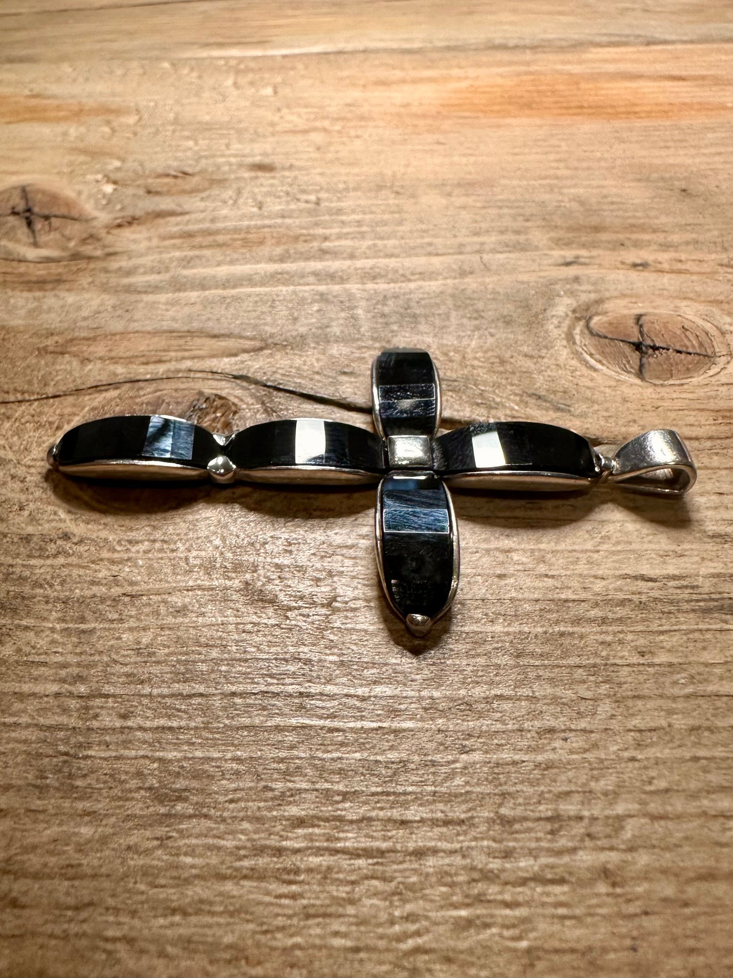 Modern Black Stone Cross 925 Silver Pendant