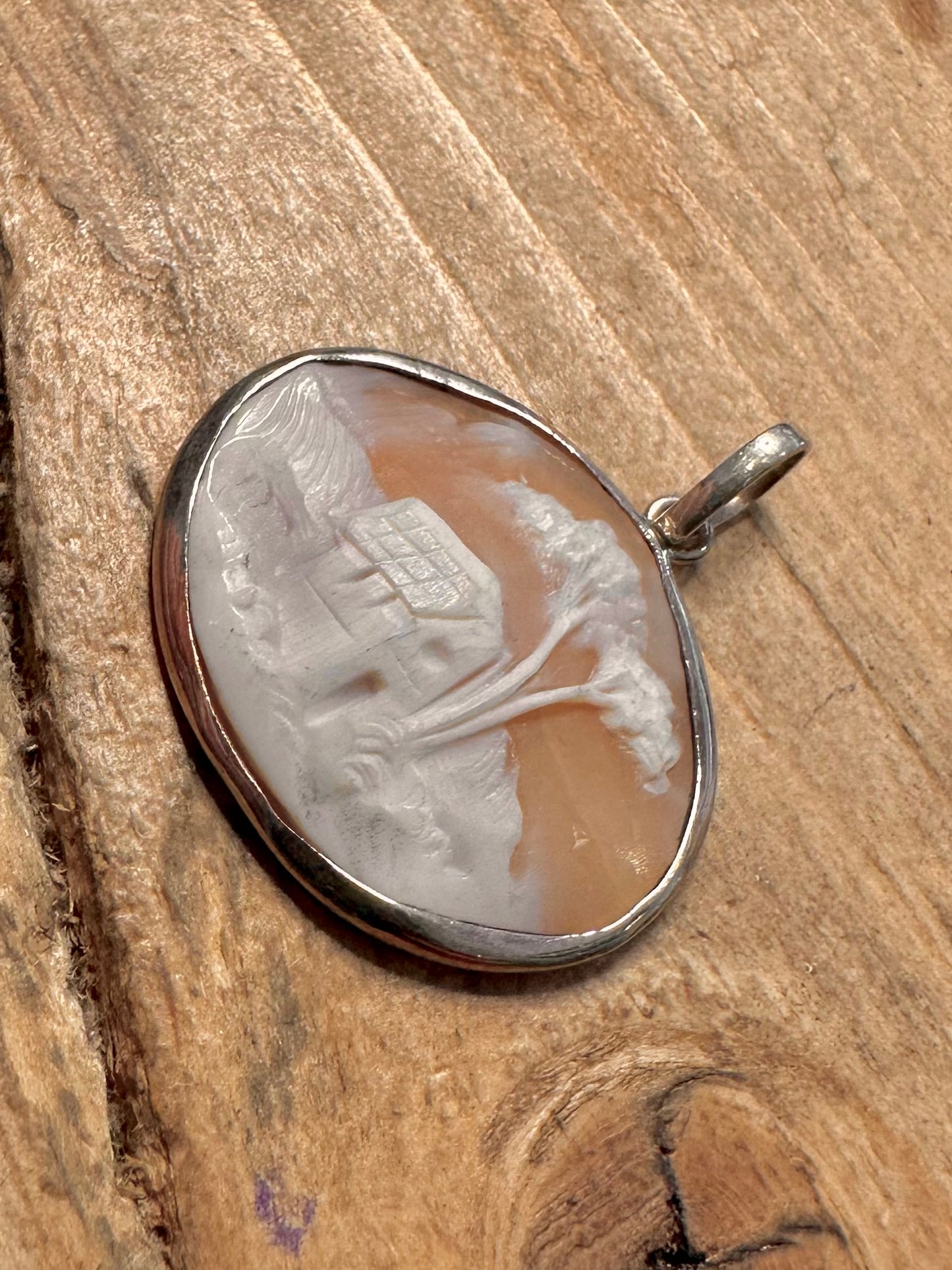 Vintage Hand Caved House Scene Cameo 925 Silver Pendant