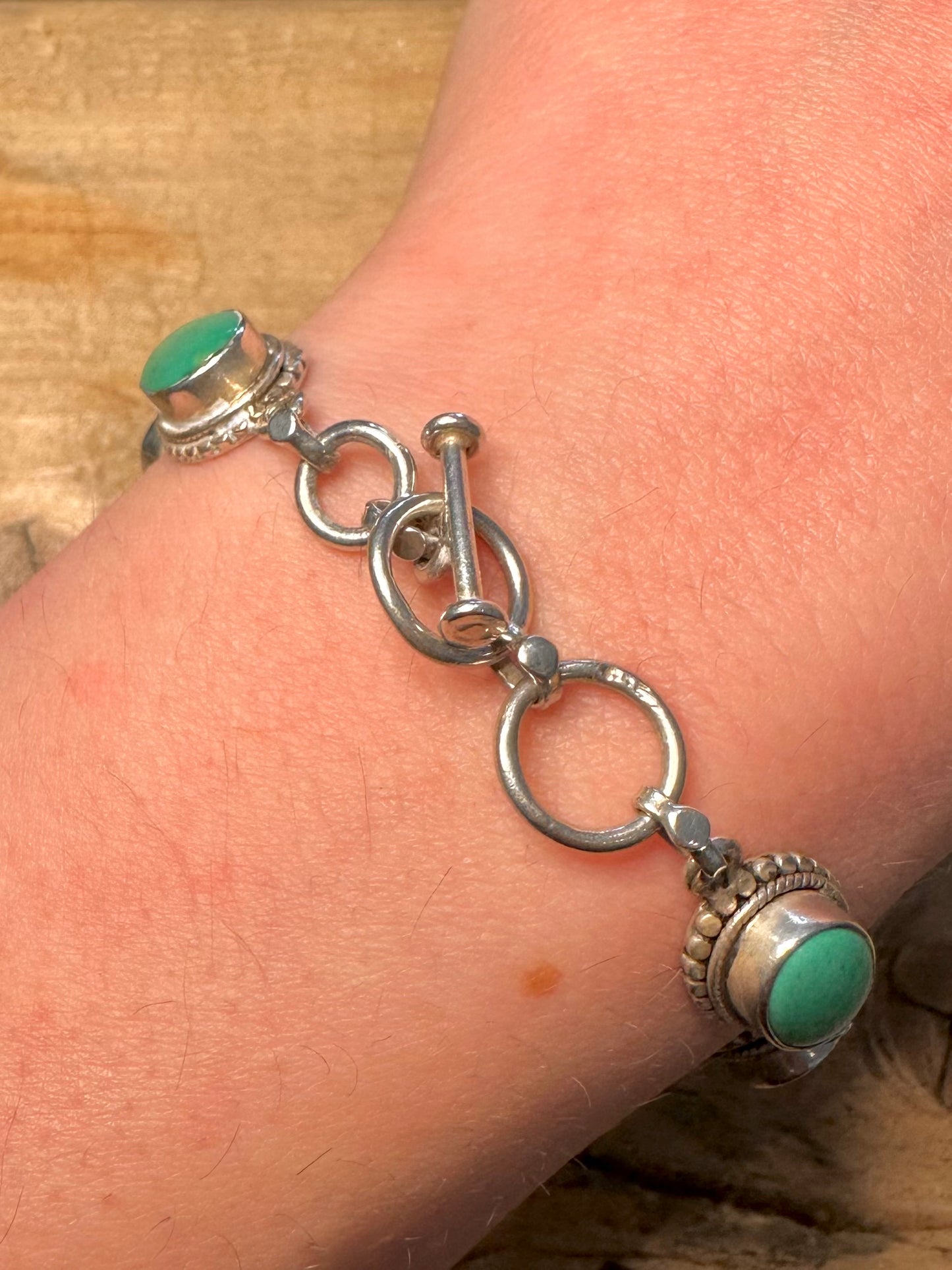 Vintage Turquoise Tribal T Bar Clasp 925 Silver 7 to 7.5 inch Bracelet