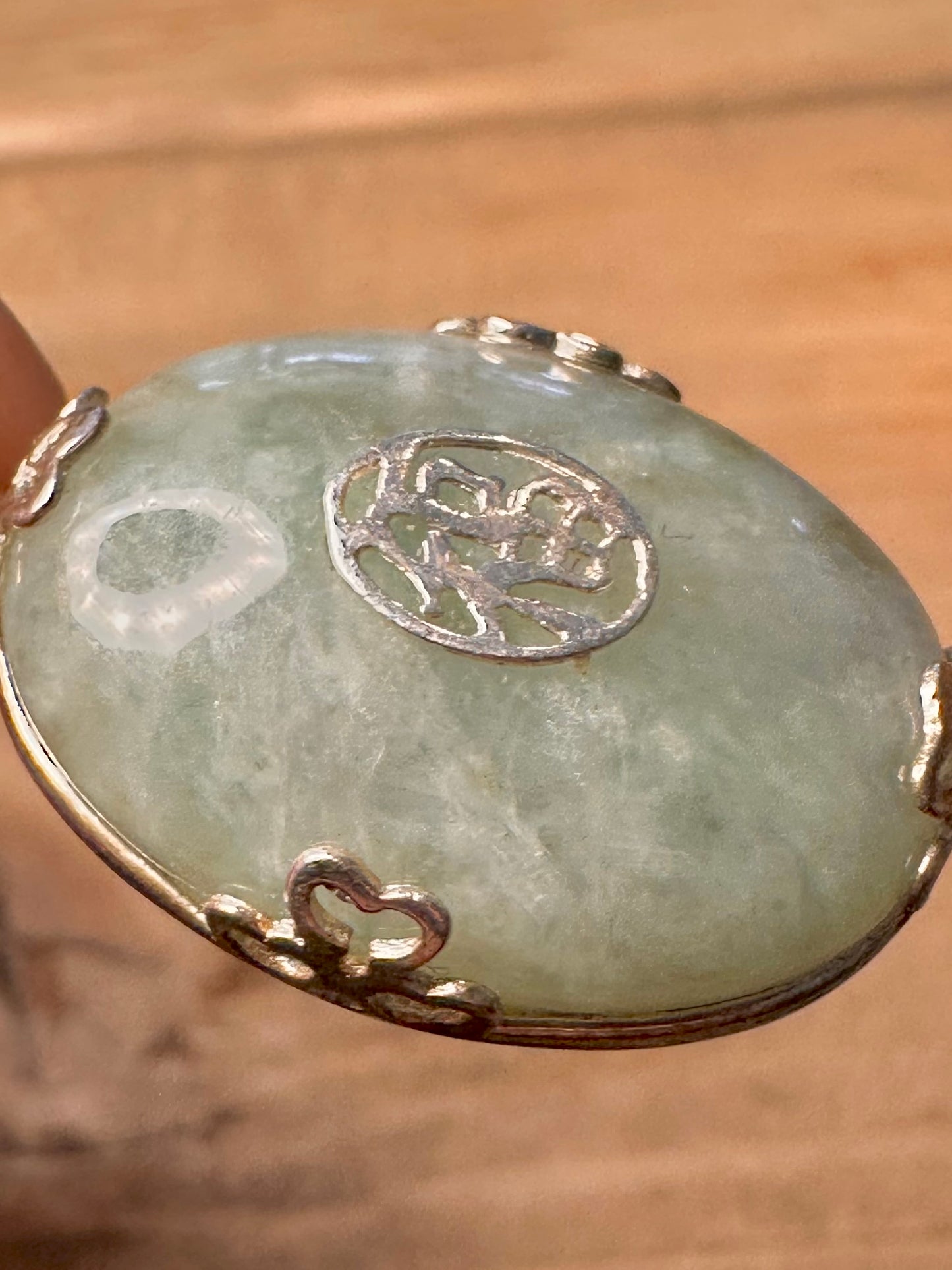 Vintage Chinese Oval Jade 925 Silver Pendant