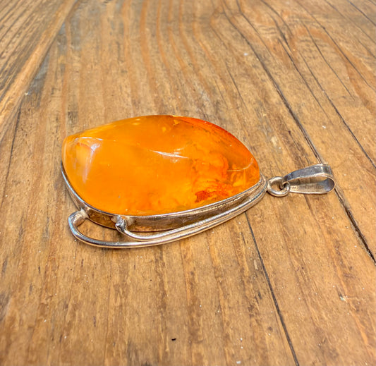Large Teardrop Shaped Baltic Amber 925 Sterling Silver Pendant