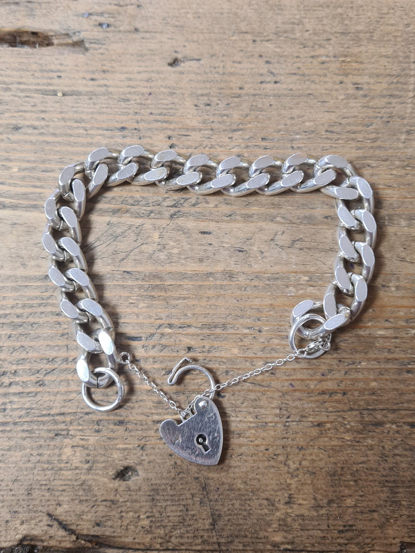 Vintage Heart Padlock Chunky Curb Chain 925 Silver Bracelet