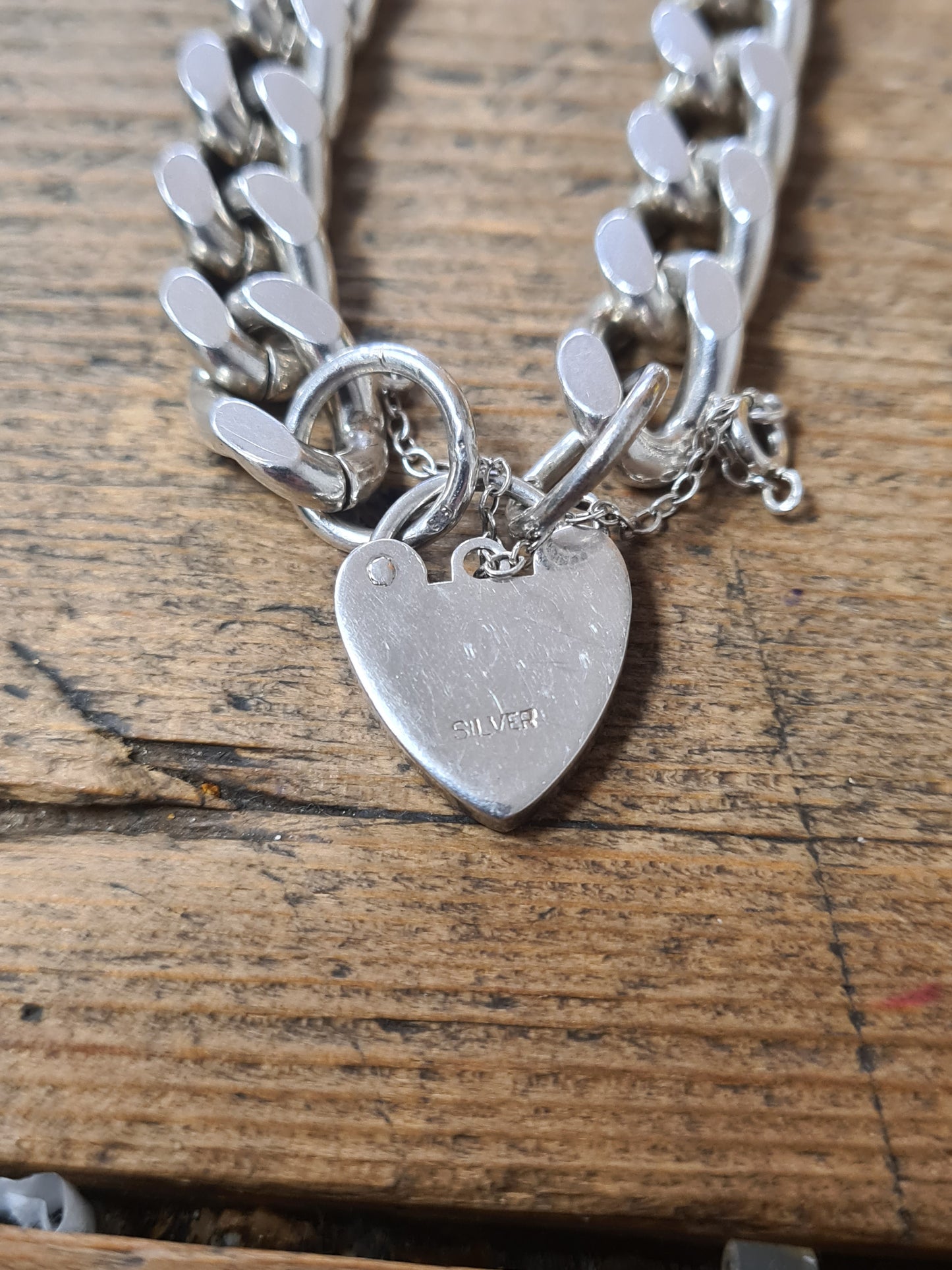 Vintage Heart Padlock Chunky Curb Chain 925 Silver Bracelet