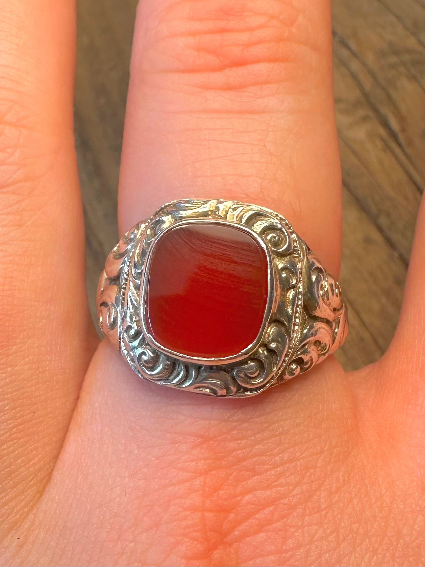 Carnelian Signet Swirl German 830 Silver Size V Ring