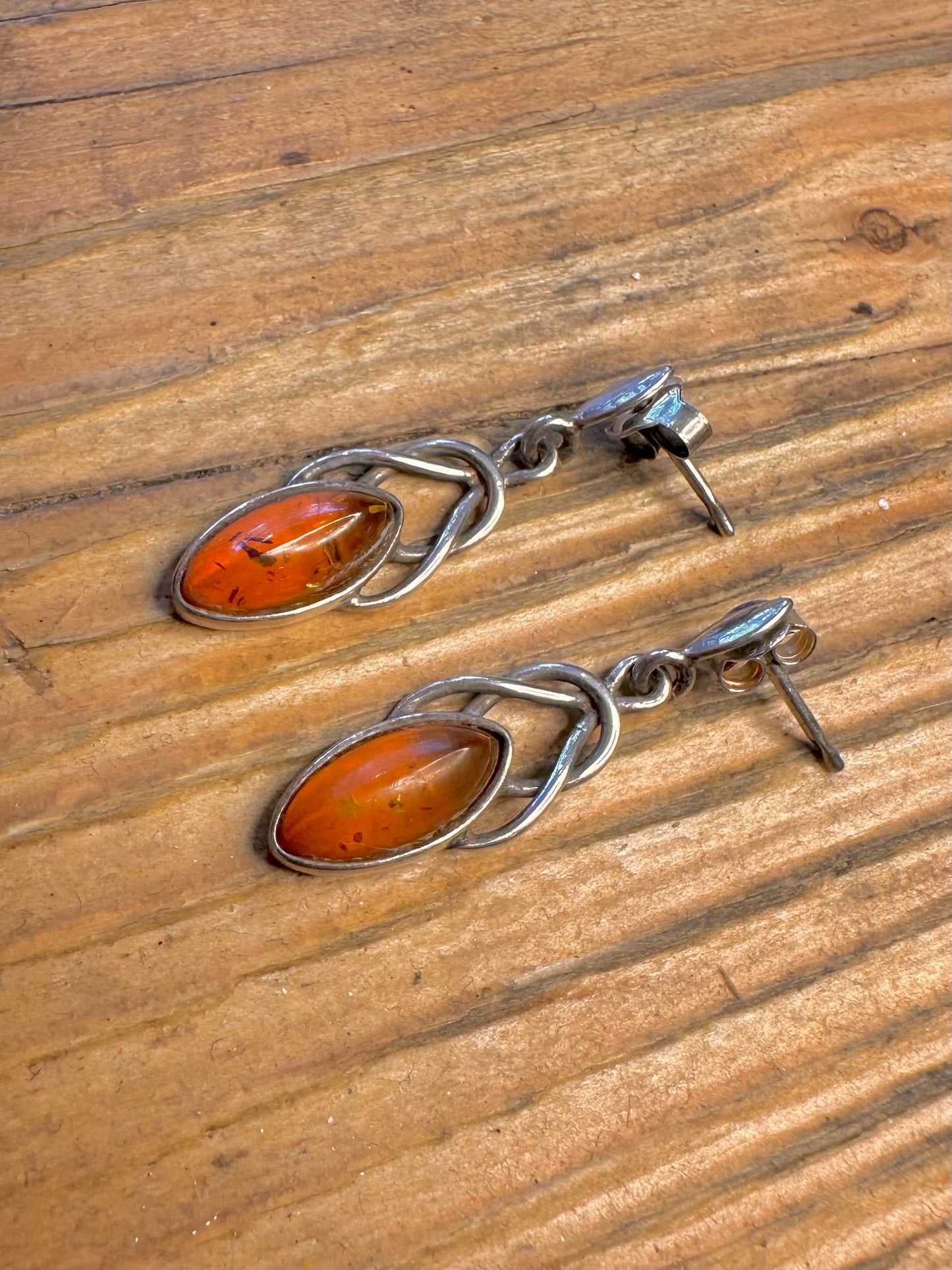 Amber Celtic Dangle 925 Sterling Silver Earrings