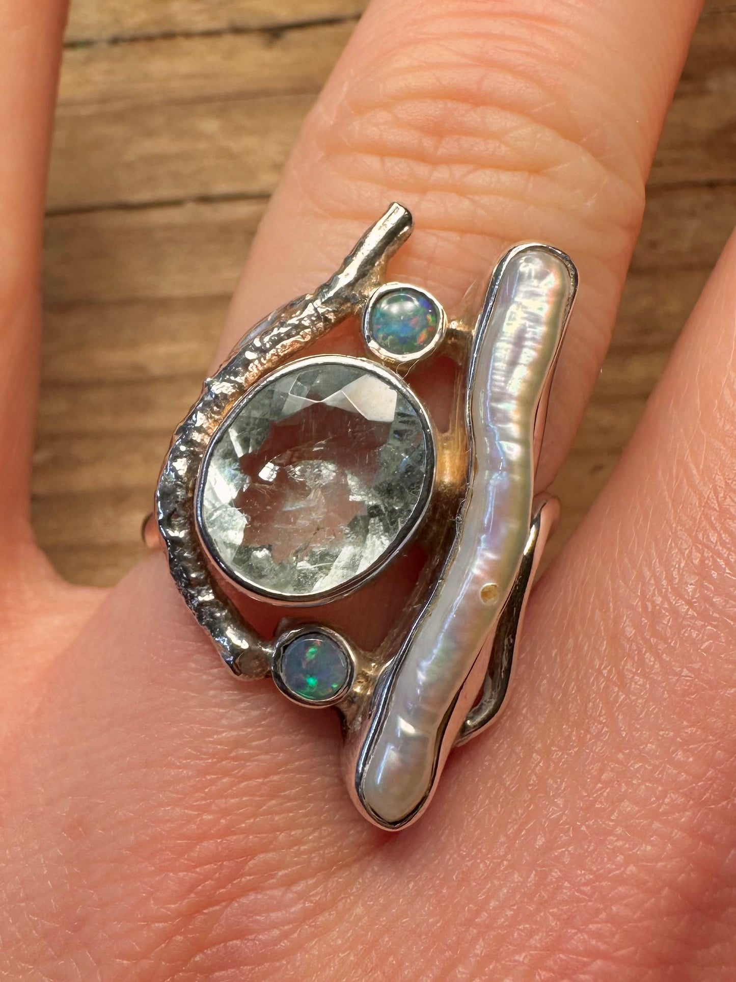 Modernist Pearl Blue Topaz Blue Opal Wavy Band 925 Sterling Silver Size Q Ring