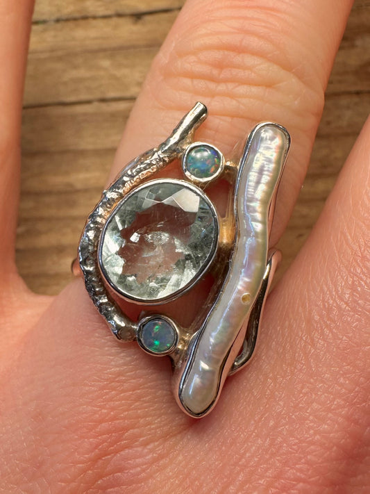 Modernist Perle Blauer Topas Blauer Opal Wellenring 925er Sterlingsilber Größe Q