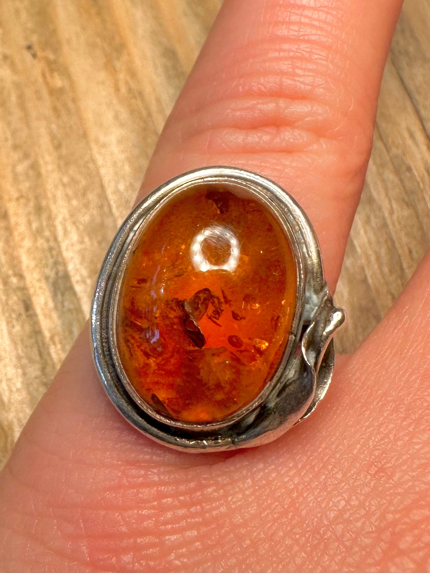 Vintage Art Nouveau Style Amber 925 Sterling Silver Size M Ring
